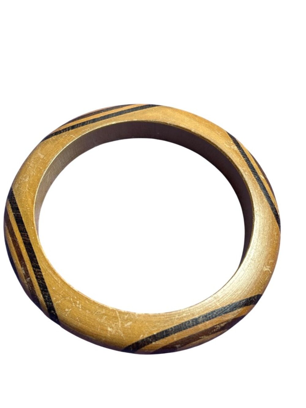 Vintage Wooden Bangle Bracelet 3 Tone Brown Striped 7.5 inches